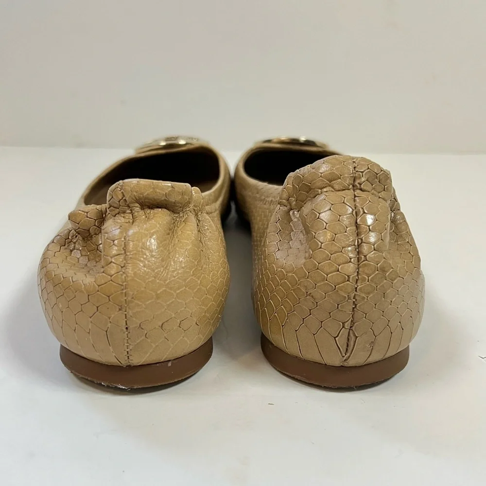 Tory Burch Reva Snake Embossed Leather Ballet Flats Tan Gold Logo 8M